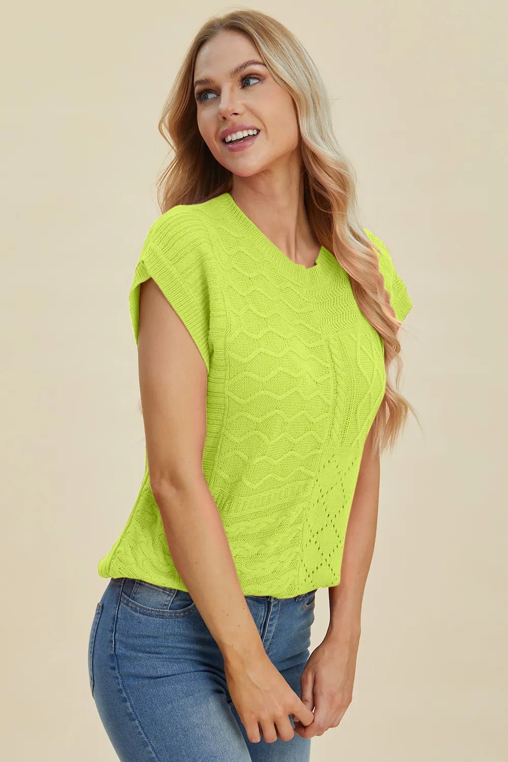 Double Take Full Size Cable - Knit Round Neck Cap Sleeve Sweater - Absolute Discounts