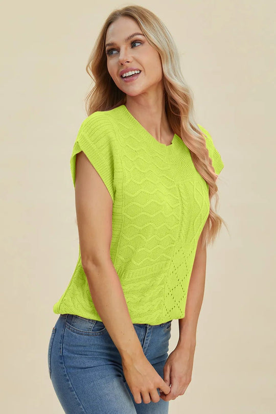 Double Take Full Size Cable - Knit Round Neck Cap Sleeve Sweater - Absolute Discounts