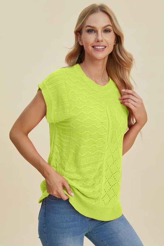 Double Take Full Size Cable - Knit Round Neck Cap Sleeve Sweater - Absolute Discounts