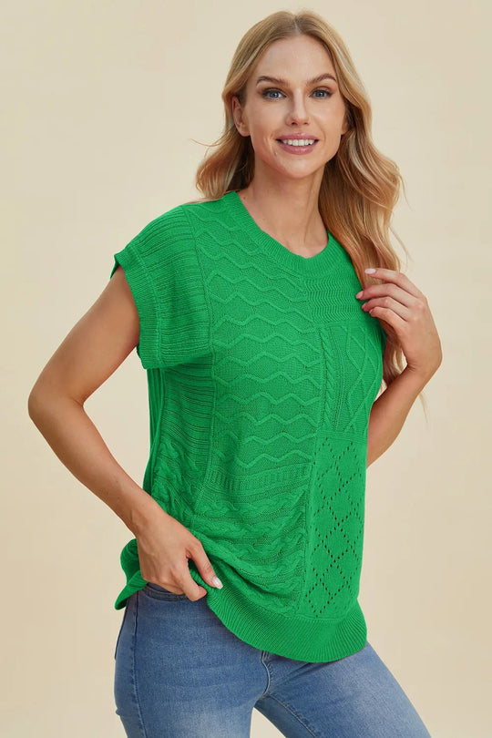 Double Take Full Size Cable - Knit Round Neck Cap Sleeve Sweater - Absolute Discounts