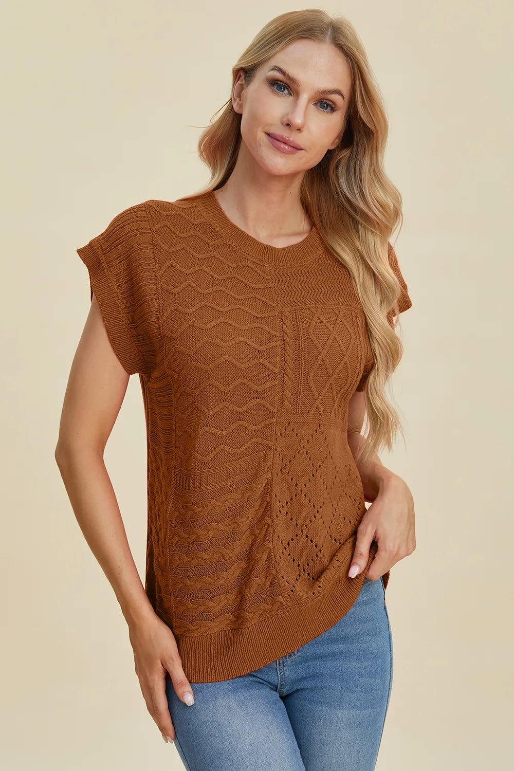 Double Take Full Size Cable - Knit Round Neck Cap Sleeve Sweater - Absolute Discounts