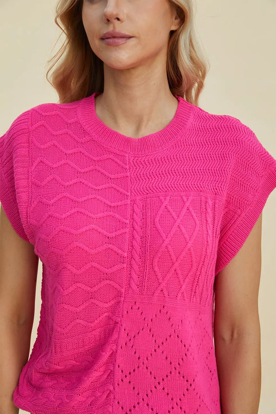 Double Take Full Size Cable - Knit Round Neck Cap Sleeve Sweater - Absolute Discounts