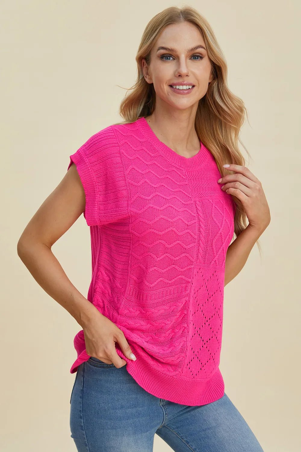 Double Take Full Size Cable - Knit Round Neck Cap Sleeve Sweater - Absolute Discounts