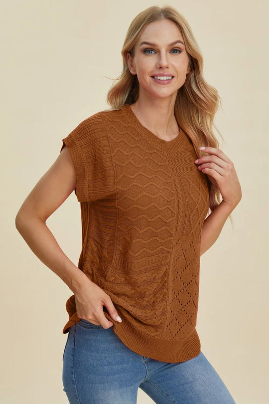 Double Take Full Size Cable - Knit Round Neck Cap Sleeve Sweater - Absolute Discounts