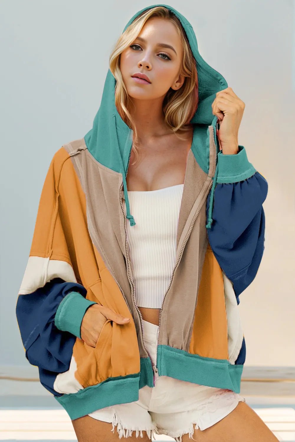 Double Take Full Size Color Block Zip Up Hoodie - Absolute Discounts