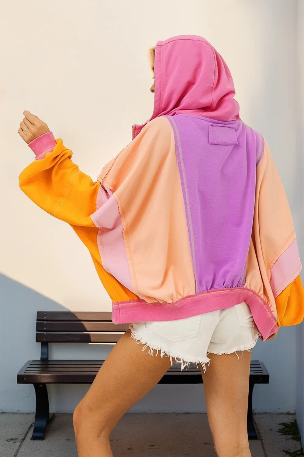 Double Take Full Size Color Block Zip Up Hoodie - Absolute Discounts