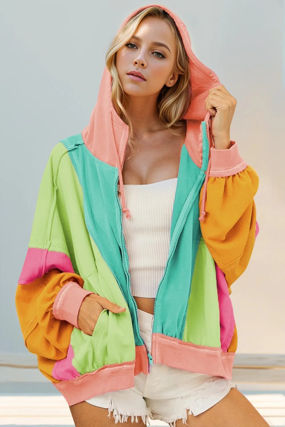 Double Take Full Size Color Block Zip Up Hoodie - Absolute Discounts