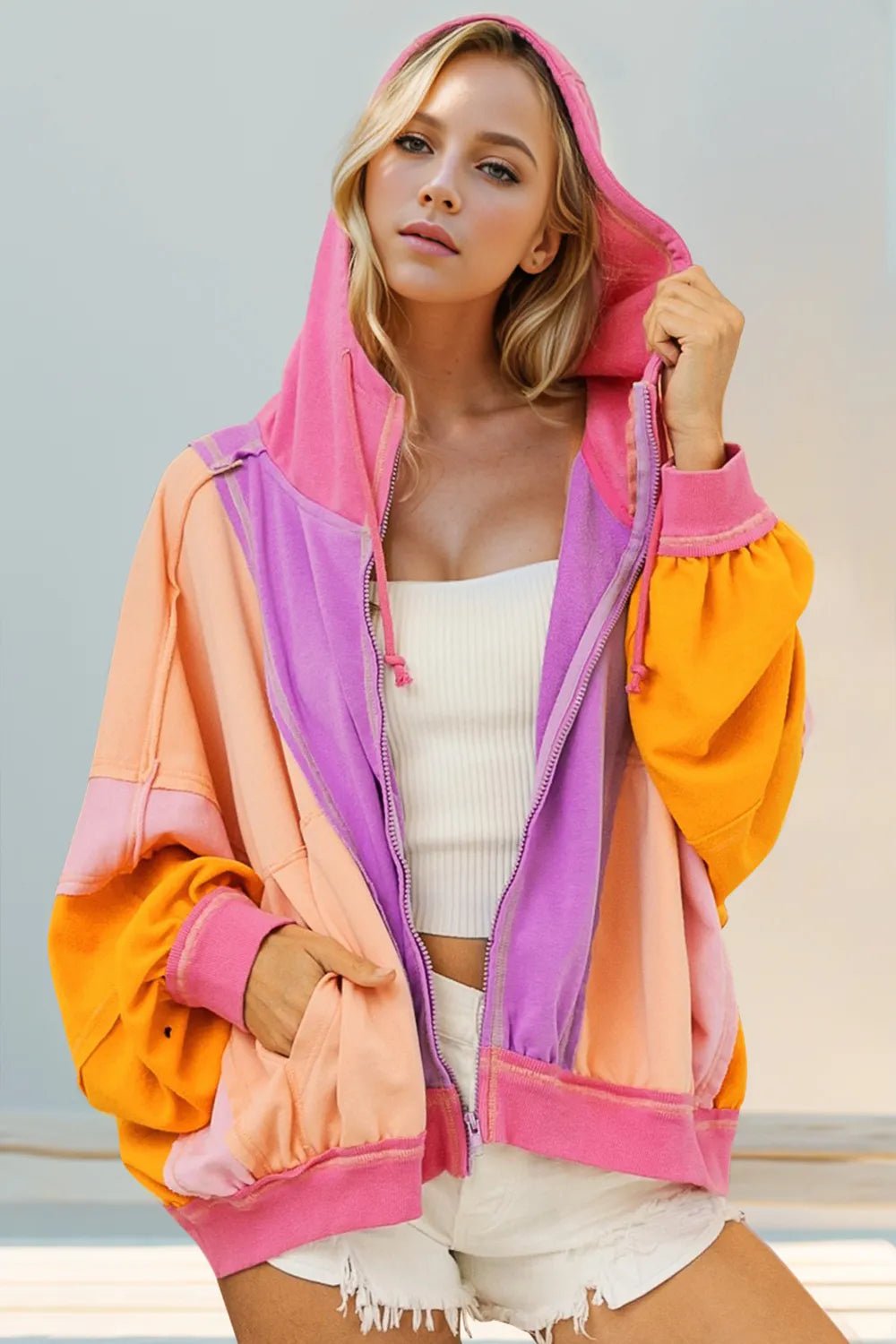 Double Take Full Size Color Block Zip Up Hoodie - Absolute Discounts