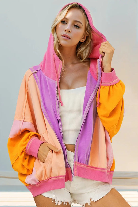 Double Take Full Size Color Block Zip Up Hoodie - Absolute Discounts