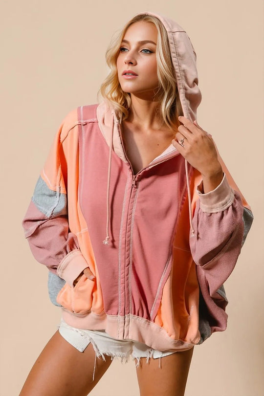Double Take Full Size Color Block Zip Up Hoodie - Absolute Discounts