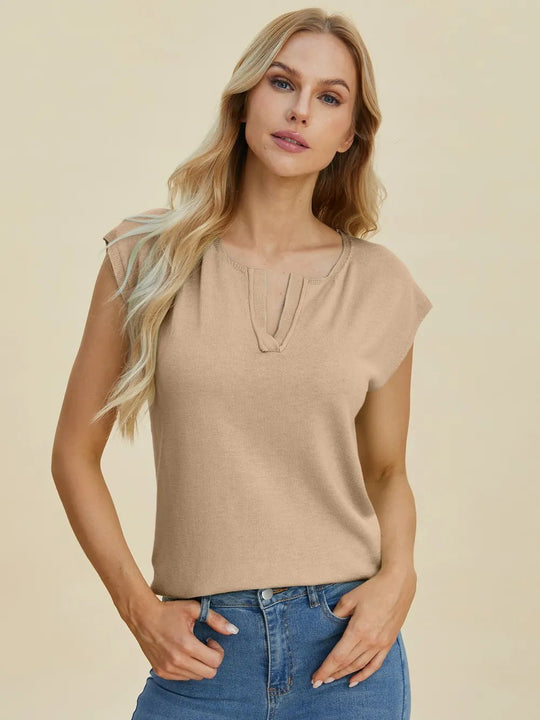 Double Take Full Size Notched Cap Sleeve Knit Top - Absolute Discounts