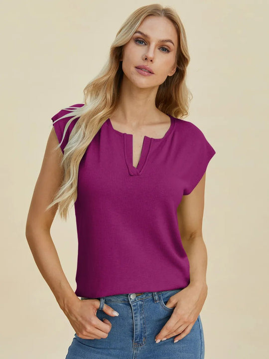 Double Take Full Size Notched Cap Sleeve Knit Top - Absolute Discounts