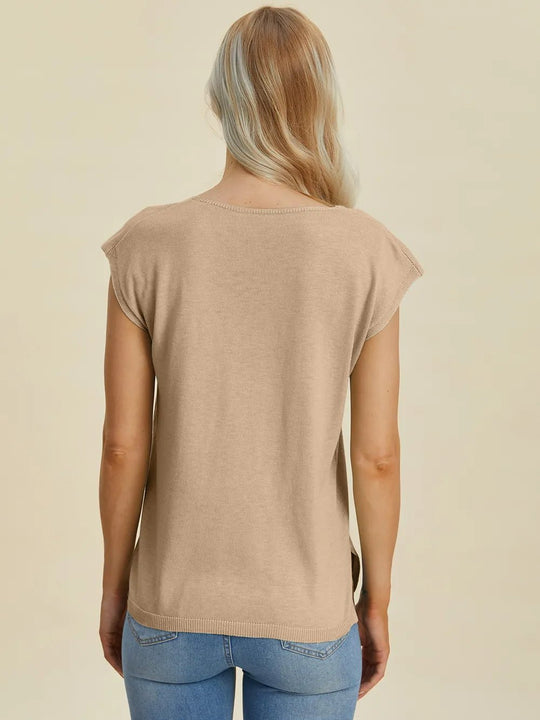 Double Take Full Size Notched Cap Sleeve Knit Top - Absolute Discounts