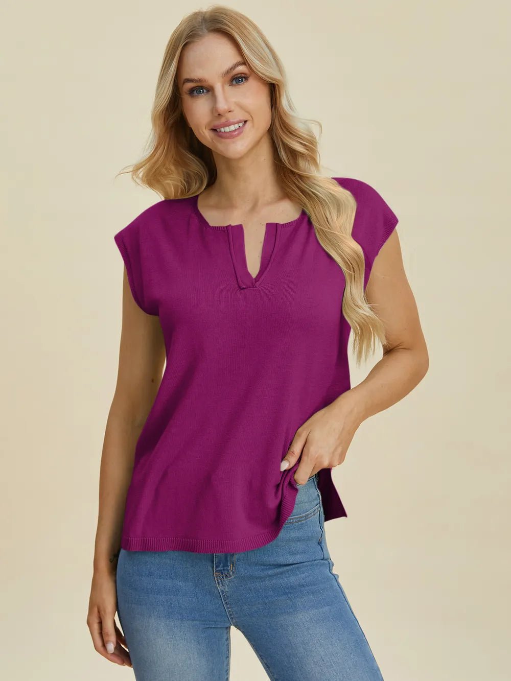 Double Take Full Size Notched Cap Sleeve Knit Top - Absolute Discounts