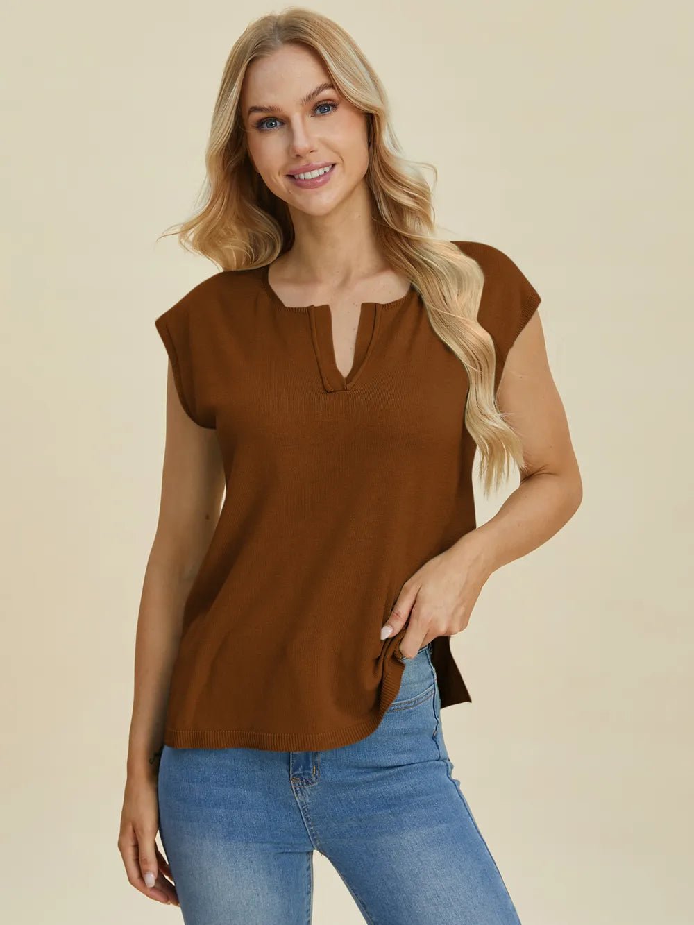 Double Take Full Size Notched Cap Sleeve Knit Top - Absolute Discounts
