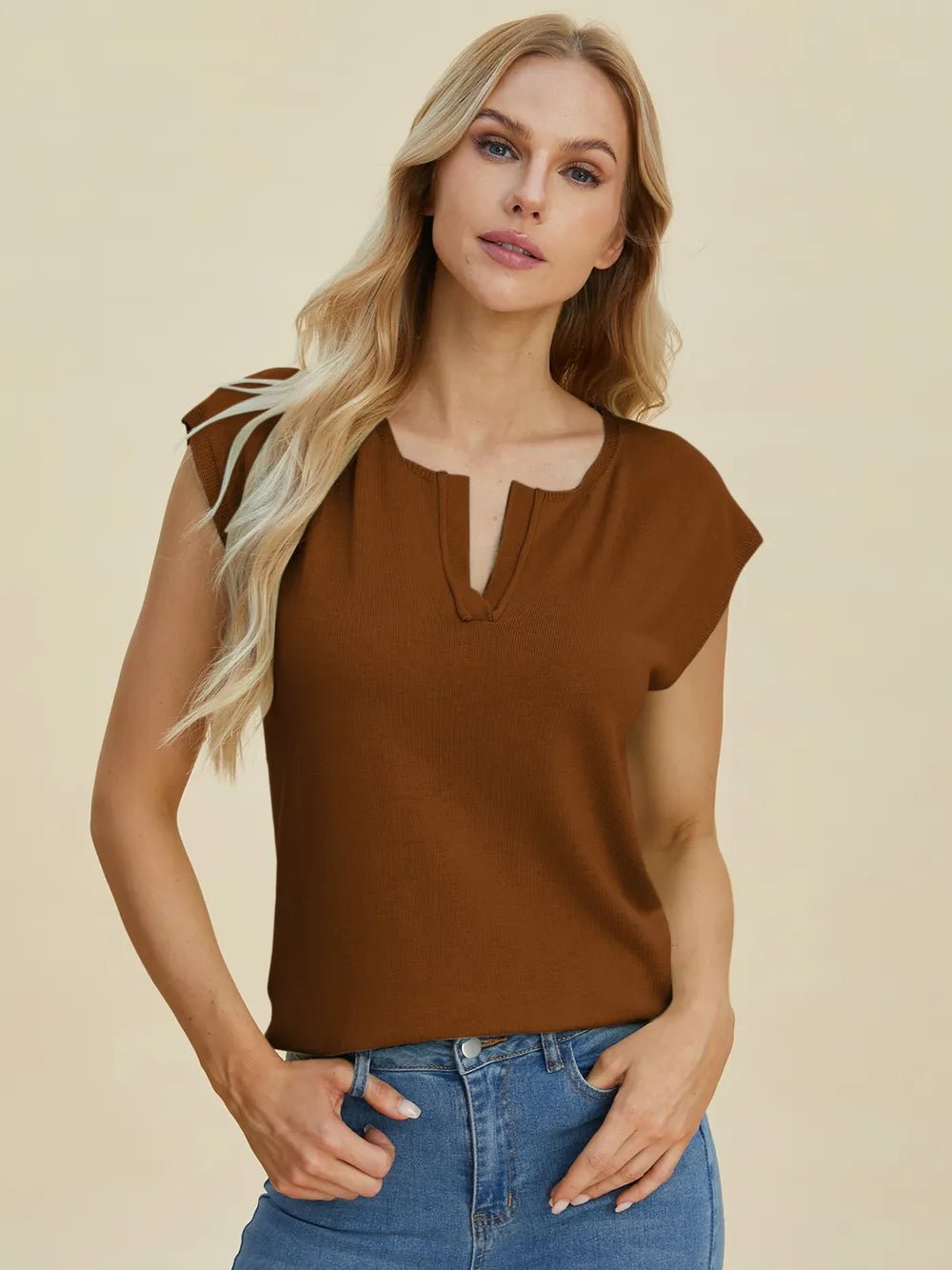 Double Take Full Size Notched Cap Sleeve Knit Top - Absolute Discounts