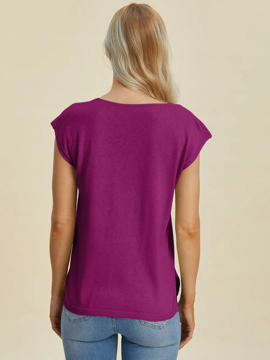 Double Take Full Size Notched Cap Sleeve Knit Top - Absolute Discounts