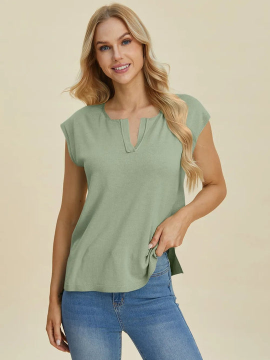 Double Take Full Size Notched Cap Sleeve Knit Top - Absolute Discounts