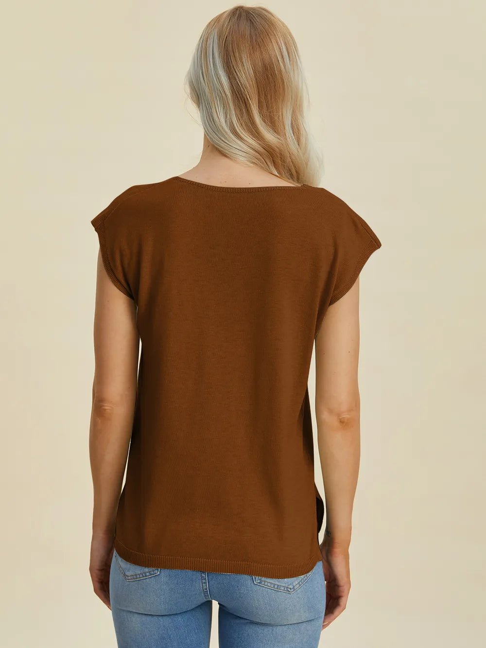 Double Take Full Size Notched Cap Sleeve Knit Top - Absolute Discounts
