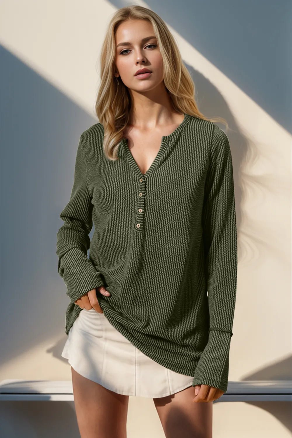 Double Take Full Size Notched Thumbhole Long Sleeve T-Shirt - Absolute Discounts