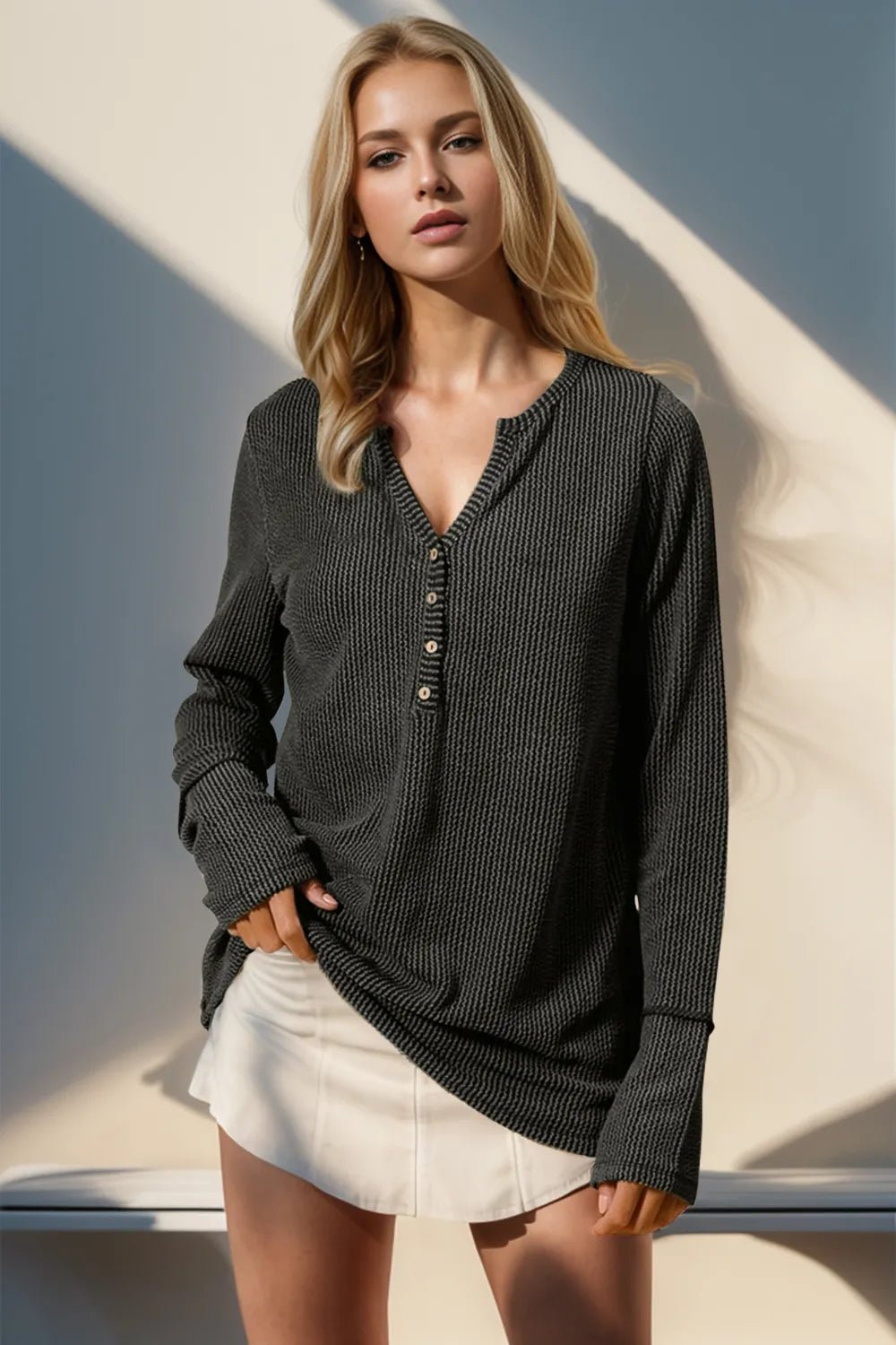 Double Take Full Size Notched Thumbhole Long Sleeve T-Shirt - Absolute Discounts