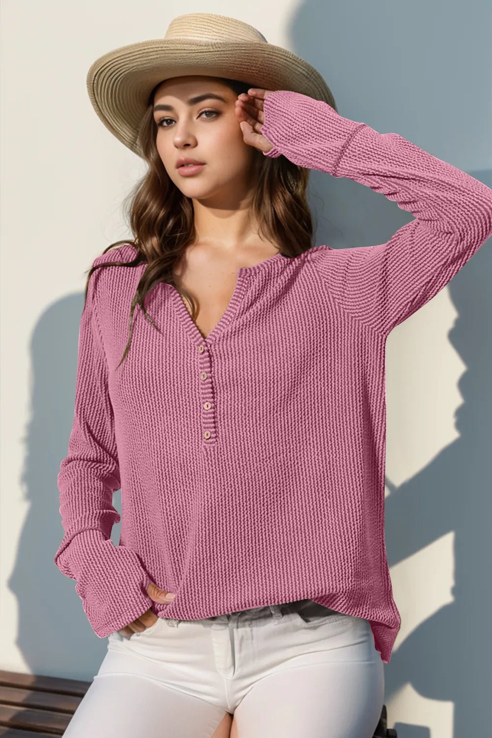Double Take Full Size Notched Thumbhole Long Sleeve T-Shirt - Absolute Discounts