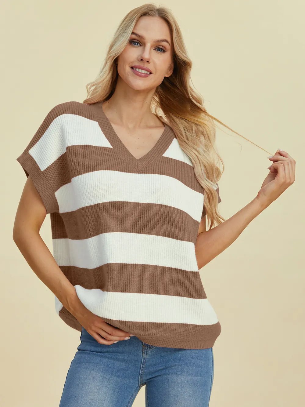 Double Take Full Size Striped V - Neck Short Sleeve Sweater - Absolute Discounts
