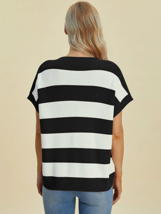 Double Take Full Size Striped V - Neck Short Sleeve Sweater - Absolute Discounts