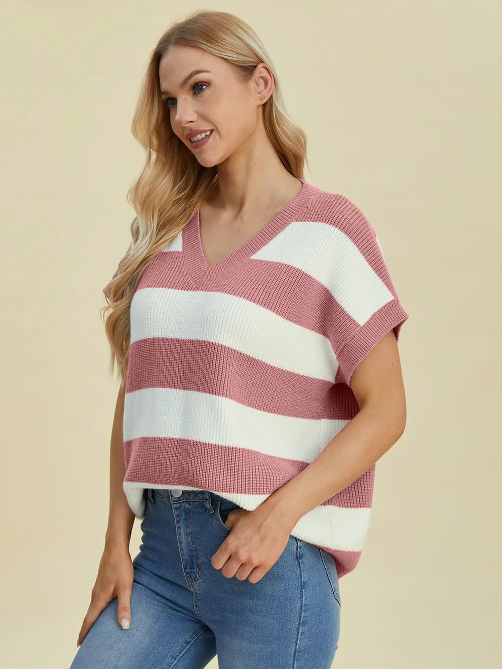 Double Take Full Size Striped V - Neck Short Sleeve Sweater - Absolute Discounts
