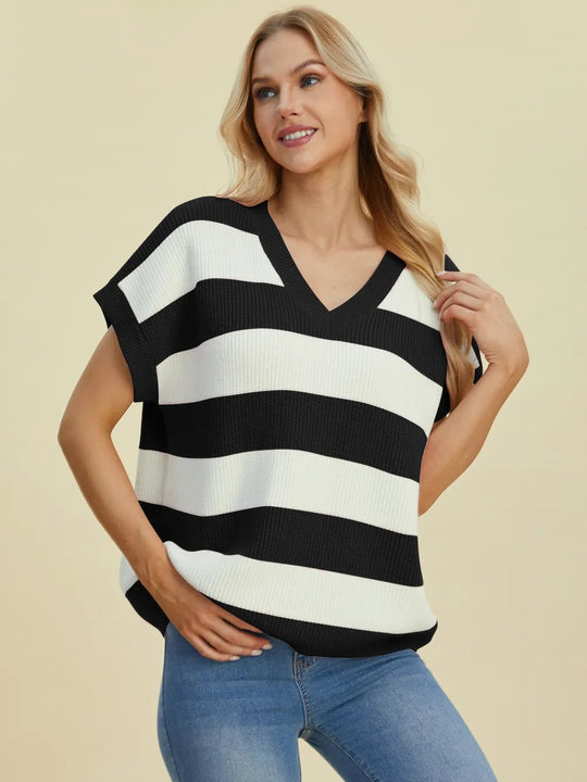 Double Take Full Size Striped V - Neck Short Sleeve Sweater - Absolute Discounts