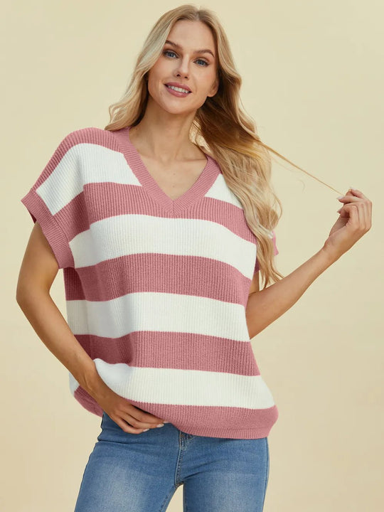 Double Take Full Size Striped V - Neck Short Sleeve Sweater - Absolute Discounts