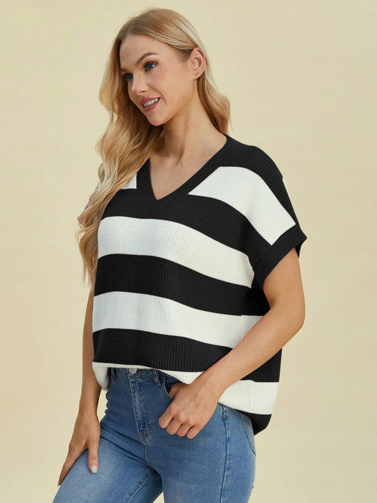 Double Take Full Size Striped V - Neck Short Sleeve Sweater - Absolute Discounts