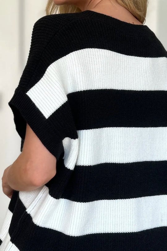 Double Take Full Size Striped V - Neck Short Sleeve Sweater - Absolute Discounts