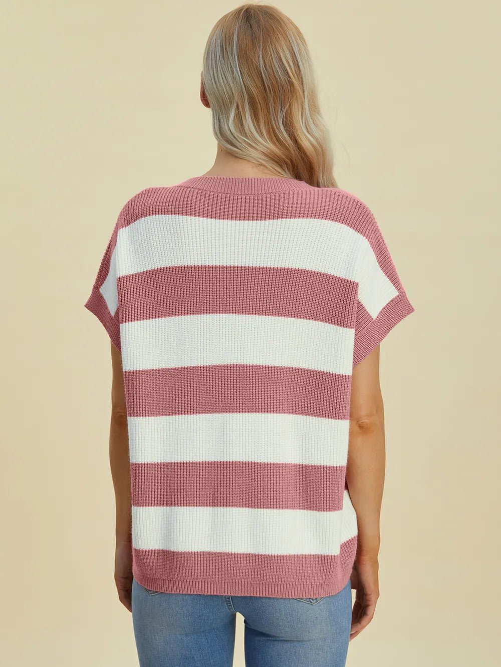 Double Take Full Size Striped V - Neck Short Sleeve Sweater - Absolute Discounts