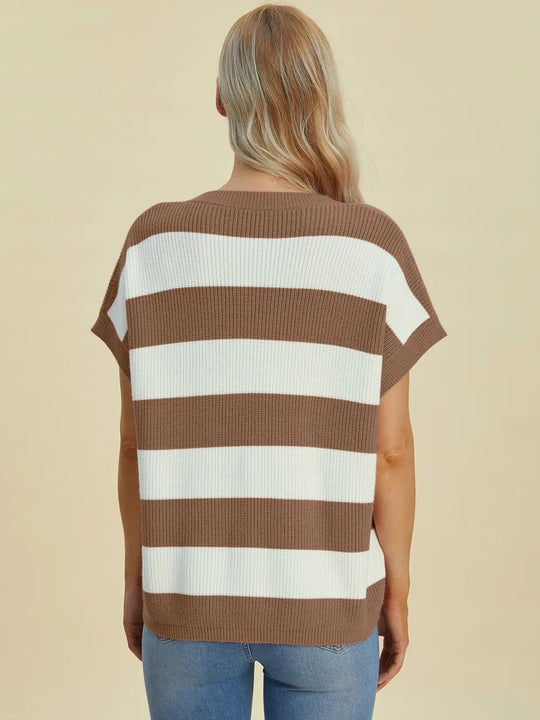 Double Take Full Size Striped V - Neck Short Sleeve Sweater - Absolute Discounts