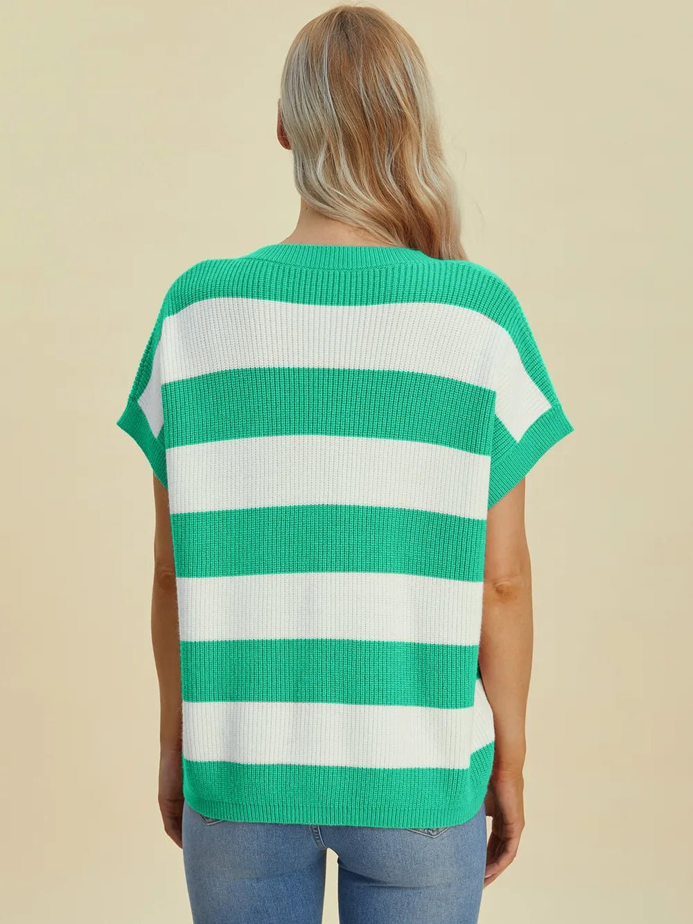 Double Take Full Size Striped V - Neck Short Sleeve Sweater - Absolute Discounts