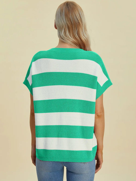 Double Take Full Size Striped V - Neck Short Sleeve Sweater - Absolute Discounts