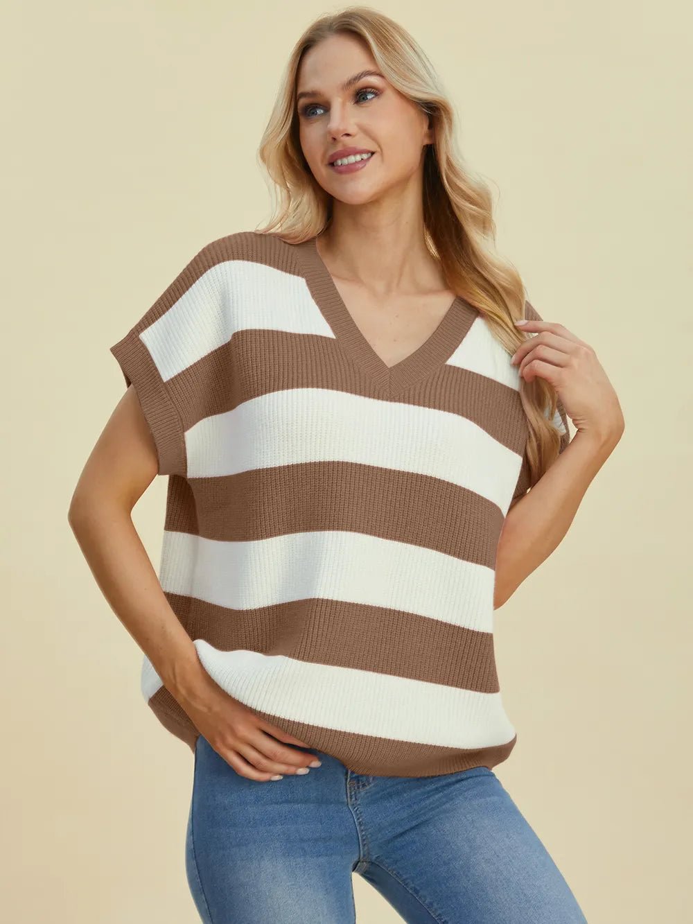 Double Take Full Size Striped V - Neck Short Sleeve Sweater - Absolute Discounts