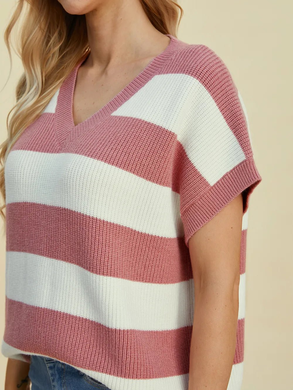 Double Take Full Size Striped V - Neck Short Sleeve Sweater - Absolute Discounts