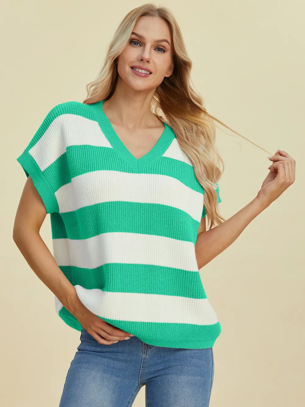 Double Take Full Size Striped V - Neck Short Sleeve Sweater - Absolute Discounts