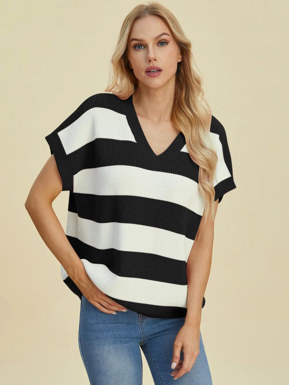 Double Take Full Size Striped V - Neck Short Sleeve Sweater - Absolute Discounts