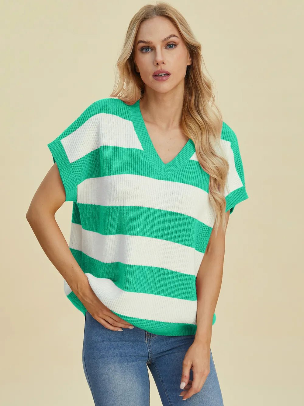 Double Take Full Size Striped V - Neck Short Sleeve Sweater - Absolute Discounts