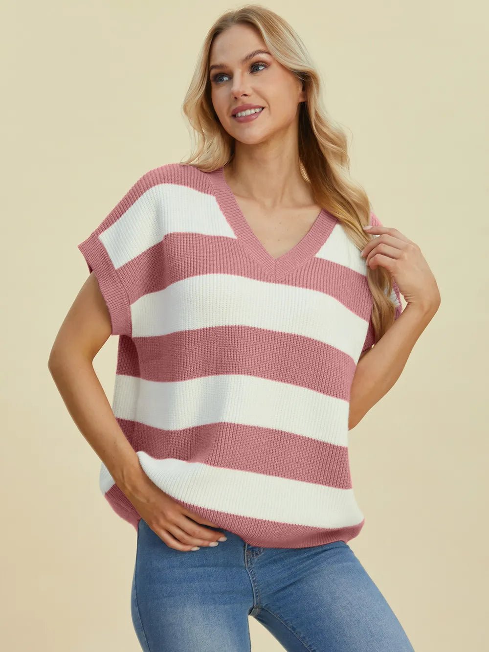 Double Take Full Size Striped V - Neck Short Sleeve Sweater - Absolute Discounts