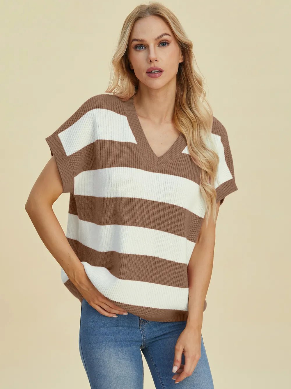 Double Take Full Size Striped V - Neck Short Sleeve Sweater - Absolute Discounts