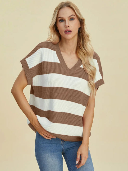 Double Take Full Size Striped V - Neck Short Sleeve Sweater - Absolute Discounts