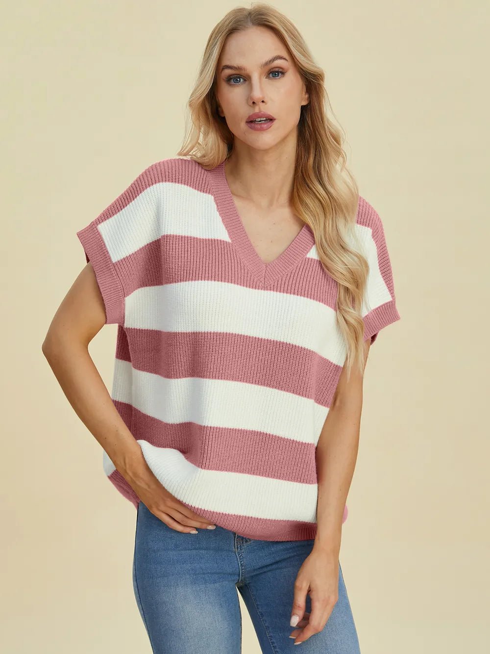 Double Take Full Size Striped V - Neck Short Sleeve Sweater - Absolute Discounts