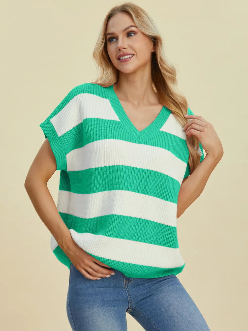 Double Take Full Size Striped V - Neck Short Sleeve Sweater - Absolute Discounts