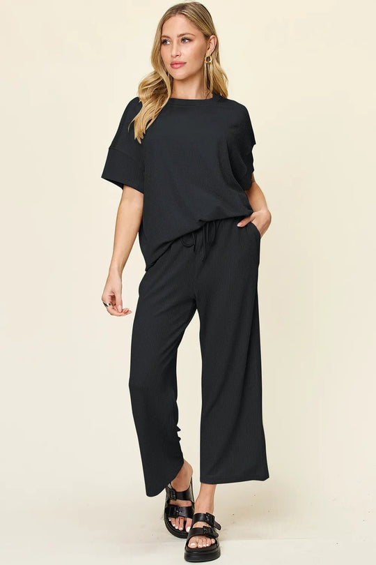 Double Take Full Size Texture Round Neck Short Sleeve T-Shirt and Wide Leg Pants - Absolute Discounts