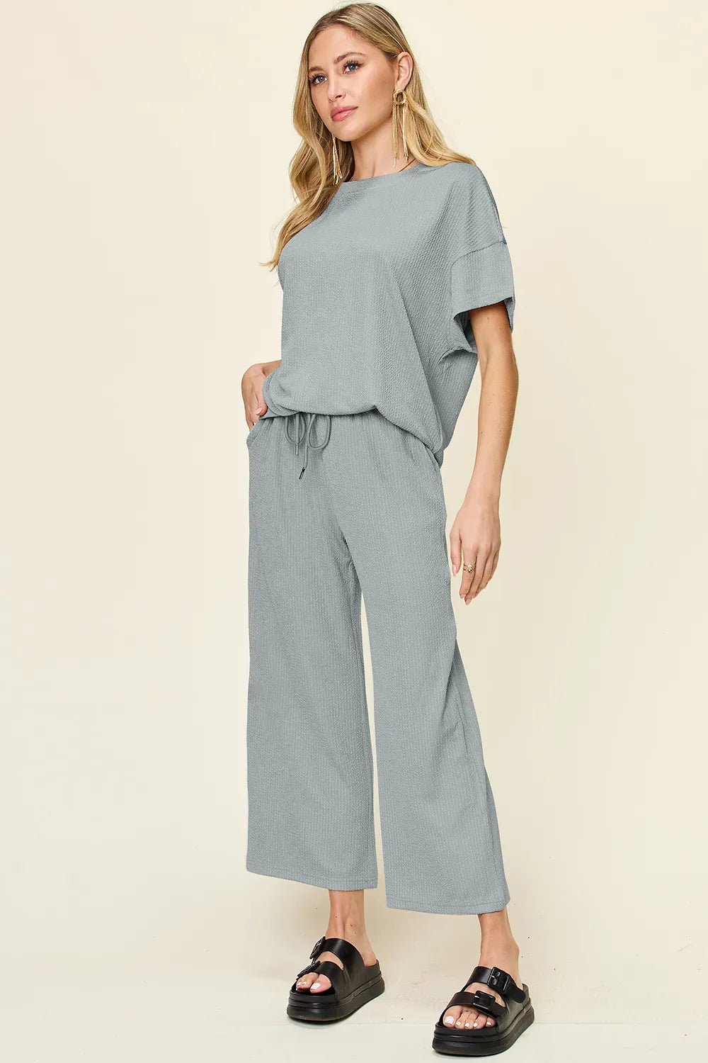 Double Take Full Size Texture Round Neck Short Sleeve T-Shirt and Wide Leg Pants - Absolute Discounts