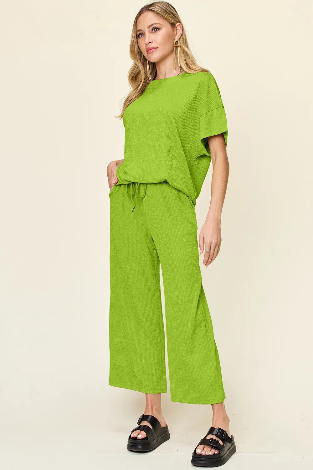 Double Take Full Size Texture Round Neck Short Sleeve T-Shirt and Wide Leg Pants - Absolute Discounts